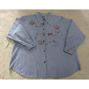 Vintage Capacity Women 1X Blouse Blue Embroidered Button-Down Front Top